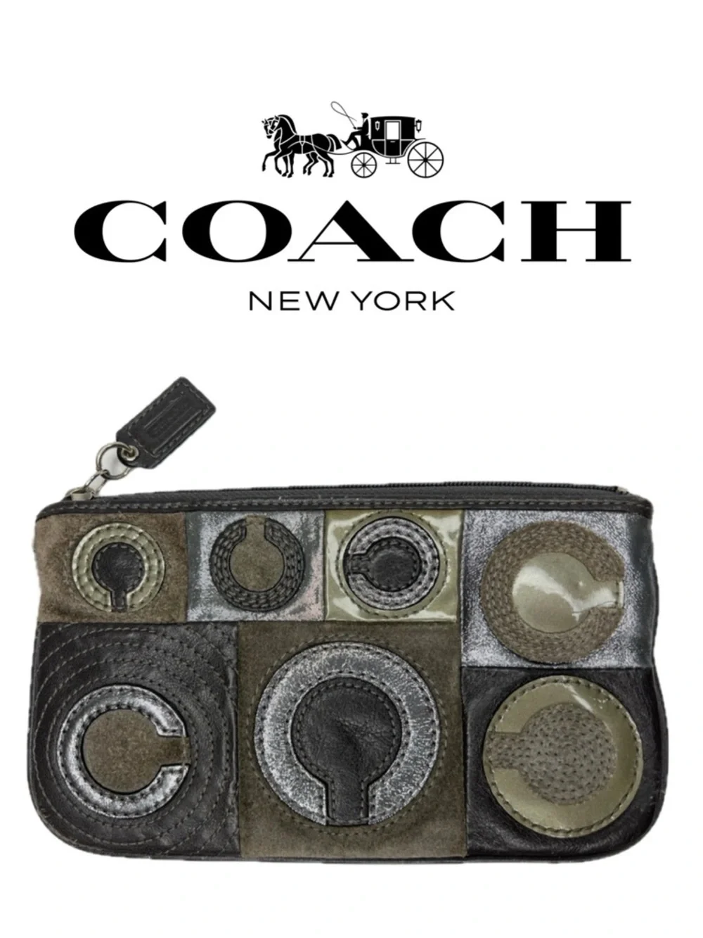 Coach Suede and Leather Pathwork Oversized Wristlet Bag